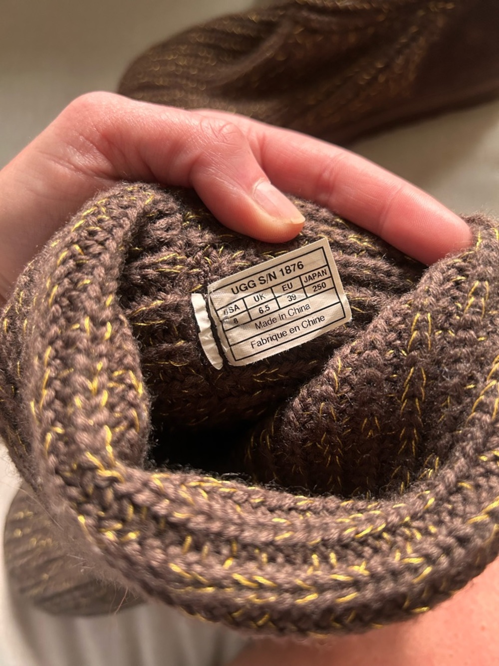 UGG Brown Knit Boot with Yellow Stitching - Picture 6 of 8